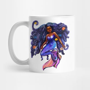 Black mermaid with flowing braids and fish Afro hair and caramel brown skin African American mermaids Mug
